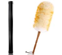 Green Vivid Lambswool Duster with Solid Wooden Handle,Leather Hang Strap,18.9 inch Long,Natural Feather Duster for Cleaning Ceiling Fans,Window Blinds,Computer Screens,Bookshelves etc