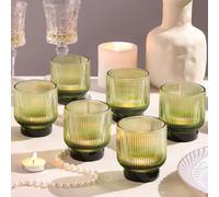 Green Votive Candle Holders Set of 6-2.55" x 3" Gradient Tea Lights Candle Holders Glass with Stylish Ribbed Design, Large Votive Holders for Wedding Centerpieces, Christmas, Vintage Party Home Decor