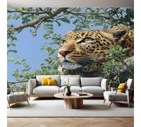 Green Wall Mural 250 x 180 cm Cheetah in The Tree Non-Woven Art Print Wallpaper Mural for Walls Living Room Bedroom TV Background Boys Girls Kids Rooms Decoration