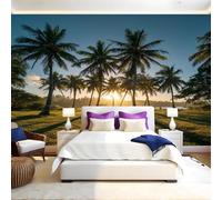 Green Wall Mural 250 x 180 cm Sunset on Tropical Island Non-Woven Art Print Wallpaper Mural for Walls Living Room Bedroom TV Background Boys Girls Kids Rooms Decoration