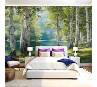 Green Wall Mural 250 x 180 cm Watercolor Birch Trees by The Lake Non-Woven Art Print Wallpaper Mural for Walls Living Room Bedroom TV Background Boys Girls Kids Rooms Decoration