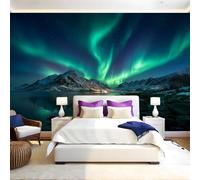 Green Wall Murals for Living Room Northern Lights and Snow-Capped Mountains 3D Print Photo Wallpaper Luxury Design Modern Non-Woven Wall Mural Sofa TV Kids Bedroom Decoration 200 x 140cm