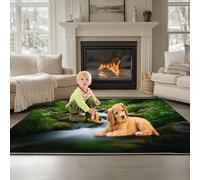 Green Washable Area Rug for Living Room 80 x 150 cm, Natural Waterfall Forest Soft Touch Short Pile Style Carpet Area Rugs Non Shedding Short Pile Floor Carpet for Bedroom Dining Room