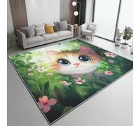 Green Washable Rug 40x60 cm, Non Slip with Rubber Backing Soft Low-Pile Area Rug - Cute Cartoon Cat Printed Carpet for Bedroom living room Lounge Dining Room Office