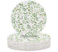 Green Watercolor Leaves Coasters for Drinks Set of 4, Absorbent Ceramic Drink Coasters with Cork Base, 4 Inch Round Cup Coaster for Coffee Tea Glasses Table Protection