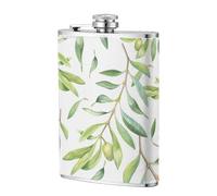 Green Watercolor Olive Branch Pattern,304 Stainless Steel 8oz Flask Pu Leather Case, Pocket Flagon Outdoor Flat Liquor Flask