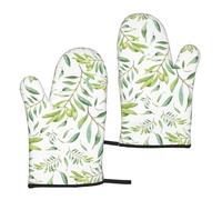 Green Watercolor Olive Branch Pattern, Kitchen Oven Mitts Anti-Slip Cooking Gloves,Heat Resistant Baking Mitts A Pair