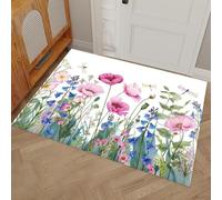 Green Watercolor Style Poppy And Bellflower Printed Doormat Non-Slip Welcome Mats Durable Floor Mats Indoor Entryway Door Mat Rug for Indoor Outdoor Entrances 80 x 120 cm