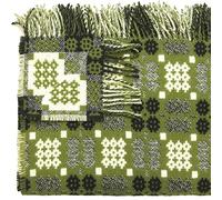 Green Welsh Tapestry Woollen Throw. Traditional Carthen Welsh Blanket - Caernarfon pattern. Finished with fringing.