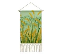 Green Wheat Field Poster Hanger Frame, Long Vertical Wall Hanging Vintage Tapestry with Tassel, Room Decor, Hanging Cotton Linen Framed Wall Art Decor for Home, 10x19.6 Inch