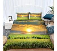 Green Wheat Field Super King Duvet Cover Sets Sunset Landscape Bedding Set 3D Print Quilt Cover 260x220 cm Soft Microfiber Lightweight with Zipper Closure and 2 Pillowcases d-1176