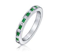 Green White Alternating Stackable CZ Channel Set Eternity Band Ring Simulated Emerald For Women For Teen Sterling Silver