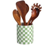 Green & White Checkered Utensil Holder, Painted Ceramic Kitchen Countertop Storage Jar with Sealed Lid, Kitchen Organizer for Spatulas & Coffee Beans, Long-Lasting & Easy Clean, Medium Size