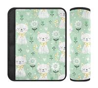 Green White Flowers Cute Cats Toddler Seat Belt Pad Shoulder Pads for Babys Seatbelt Covers for Boys Girls 2 Pieces 6.5 * 6.5in