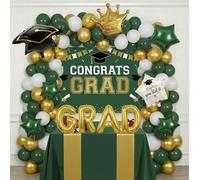 Green White Gold Balloon Garland Arch Kit with backdrop Stars Graduation Cap crown GRAD Letters Mylar Balloons for 2026 graduate Prom Decorations
