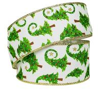 Green & White Gold Glitter Christmas Tree Ribbon - 2.5 Inch (65mm) Wired Edge Hessian Fabric Ribbon Piece (5M) for Christmas Wrapping, Cake Decorating, Bows, Crafts & Festive Holiday Decorations