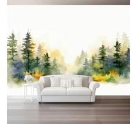 Green White Photo Mural Wallpaper 400 x 280 cm Watercolor Pine Trees Minimalism Theme Non-Woven Wall Art Modern for Living Room Bedroom Nursery Room Decor