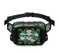 Green White Roses Sugar Skull Fanny Pack for Women Men, Waterproof Waist Bag with Adjustable Strap Dual Zippers, Lightweight Crossbody Chest Bag for Running Hiking Sports