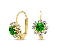 Green White Simulated Emerald Crystal Fashion Flower Lever back Earrings For Women For Teen Gold Plated Brass