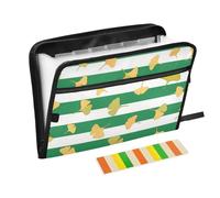 Green White Striped Ginkgo Biloba Leaf Folder with Pocket 13 Pockets A4 Letter Size with Zipper Closure for Paper File Folder