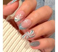 Green White Swirl Press On Nails 24pcs Snowflake | Unique green white swirl, snowflake accents, for instant salon look, 24 piece set, festive style