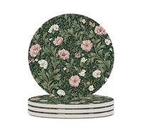 Green White Vintage Floral Pink Flowers Coasters Set of 4 Absorbent Coasters