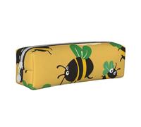 Green Winged Bee Pencil Case Portable Cylindrical Pencil Pouch with Zipper Leather Cosmetic Pouch Bag