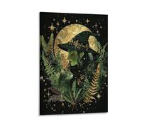Green Witch And Cat Mystical Botanical Forest Moon Halloween Wall Art Paintings Canvas Prints Poster Artwork for Living Room Bedroom Bathroom Office Home Decor 12x18inch(30x45cm)
