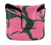 Green with Bright Pink Flowers Tribal Patterns Mallet Putter Head Cover Magnetic Snap Putter Headcover for Most Brand Waterproof PU Leather