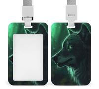 Green Wolf Id Badge Holder,Name Tag Holder with Detachable Lanyard,Waterproof Design Id Card Holder for Office, Workplace