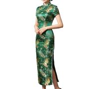 Green Women Chinese Cheongsam Flowers Design Lady Cheongsam Chinese Style Split Traditional Wedding Qipao Dress Female Clothing,Green,M