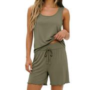 Green Women's Modal Lounge Wear Set Sleeveless U-Neck Vest & Elastic Drawstring Ruffle Shorts Breathable Summer Pjs for Women Sets Effortless Style Daily Wear Size L