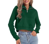 Green Womens Quarter Zip Pullover Cropped Sweatshirt Long Sleeve Stand Up Lapel Collar Thermal Jumpers with Pockets Teen Girls Fashion Y2K Outdoor Streetwear Solid Color Short Style Outfits