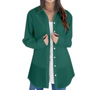 Green Womens Tops Oversized Longline Casual Blouse with Buttons V Neck Long Sleeve Business Work Shirt Extra Long Top Lightweight Solid Color Tunics Hawaii Beach Cover Up Ladies Clothes