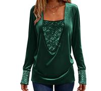 Green Women's Velvet Sequin Tops, Long Sleeve Sparkly Tshirt Square Neck Glitter Shirts & Blouse Plus Size Xmas Party Evening Club Ladies Top UK