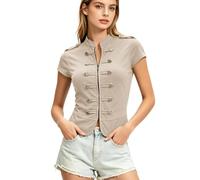 Green Womens Vintage Military Style Top Epaulet Zip Front Gothic Punk Short Sleeve Blouse Steampunk Costume Women Military Outfit Victorian Fancy Dress Festival Outfits Cosplay Costumes Size 20 Size 8