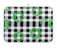 Green Wreath Black White Plaid Dish Drying Mats for Kitchen Counter, Reversible Dish Drying Rack Mat for Home Kitchen Decor 18x24in