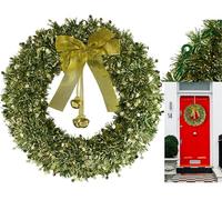 Green Wreath for Front Door Hanging 40cm - Large Door Christmas Wreath for Grave with Bells and Ribbon Bow, Thick Winter Wreath Windows Decorations