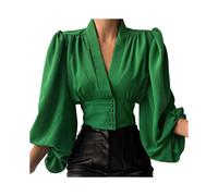 (green, XL) French Style Vintage Cropped Shirt Lantern Long Sleeve Irregular Geometry Print Office Women Shirt V-neck Waist Tight Shirt