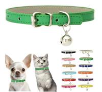 Green XXS Dog Collar With Bell, PU Leather Kitten Collar With Bell Soft Dog Collars For Small Dogs Adjustable Buckle For Tiny Teacup XS Extra Small Male Boys Cats Puppy Like Chihuahua, XX-Small