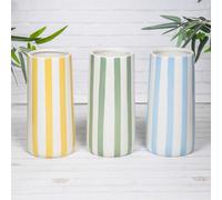 Green, Yellow, Blue & White Striped Ceramic Tall Round Glazed Flower Display Vases (Green)