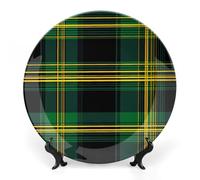 Green Yellow Buffalo Scottish Tartan Plaid Checkered Colorful Bone China Decorative Plates Ceramic Decor Plate with Display Stand for Wall Hanging 7inch