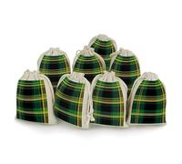 Green Yellow Buffalo Scottish Tartan Plaid Checkered Reusable Gift Wrap Cotton And Linen Drawstring Bag Packs Storage Wrapping Pouch 8 Pieces