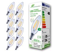 greenandco 10 x LED Filament Light Bulbs | Transparent | E14 C35 | 3.8W 806lm | Replaces 60W | 2700K Warm White | 320° | 230V | Flicker Free | Energy Class A | Non-Dimmable