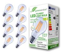 greenandco 8 x LED Filament Light Bulb | Clear | CRI 90+ | E27 A60 | 7.2W 1335lm | Replaces 90W | 3000K Warm White | 320° | 230V | Flicker Free | Energy Class B | Non-Dimmable
