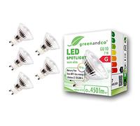 greenandco® CRI 90+ 3000K 36° LED spot Replaces 62 Watt GU10 Halogen Spotlight, 7W 450 Lumen Warm White 230V, no Flicker, not dimmable, 5-Pack