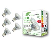 greenandco® CRI 90+ 4000K 110° LED spot Replaces 41 Watt GU10 Halogen Spotlight, 5W 350 Lumen Neutral White 230V, no Flicker, not dimmable, 5-Pack