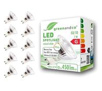 greenandco® CRI 90+ 4000K 36° LED spot Replaces 62 Watt GU10 Halogen Spotlight, 7W 450 Lumen Neutral White 230V, no Flicker, not dimmable, 10-Pack