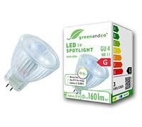 greenandco® CRI 90+ LED spot Replaces 20 Watt GU4 MR11 Halogen Spotlight, 3W 160 Lumen 3000K Warm White 38° 12V AC/DC, no Flicker, not dimmable