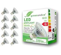 greenandco® CRI 97+ 2700K 110° LED spot Replaces 38 Watt GU10 Halogen Spotlight, 5W 320 Lumen Warm White 230V, no Flicker, not dimmable, 10-Pack